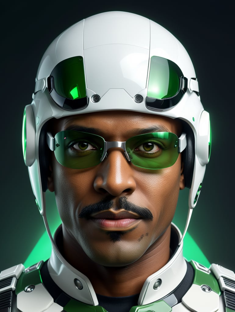 Bald black man, wearing white psvr2 , a gray goatee, black moustache, neutral smile, white and dark green futuristic cloth.