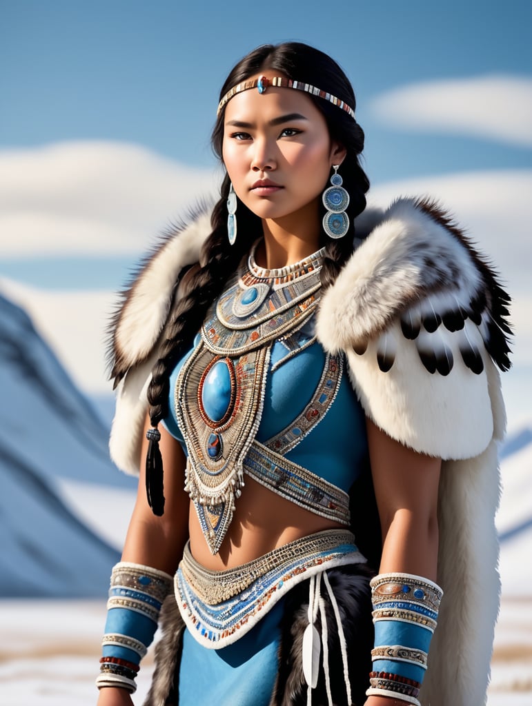 Generate a captivating full-body illustration of a stunning 18-year-old inuit woman dressed in exquisite stone age clothing, embellished with intricate feathers, vibrant beads, and delicate shells. she stands gracefully on the stark tundra steppe, radiating beauty and strength, while beside her, her younger brother, with a somber expression, evokes a poignant and melancholic atmosphere. bring this vision to life with the artistry of tom björklund.