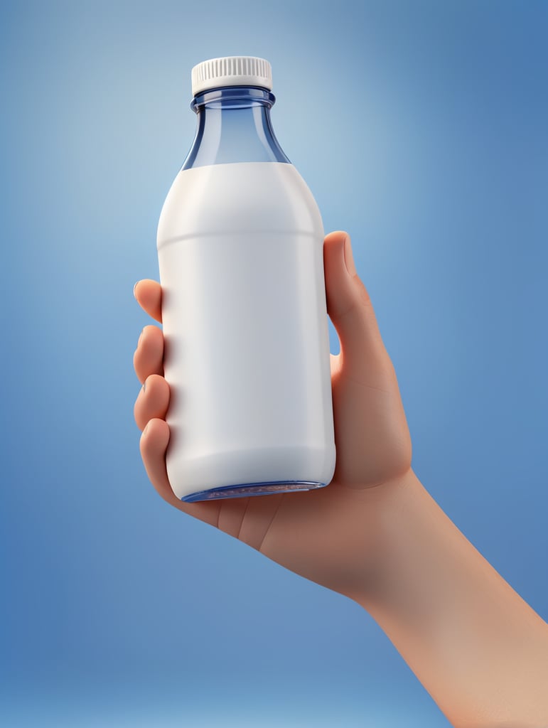 Hand holding a white Bottle, clear, isolated, blue background