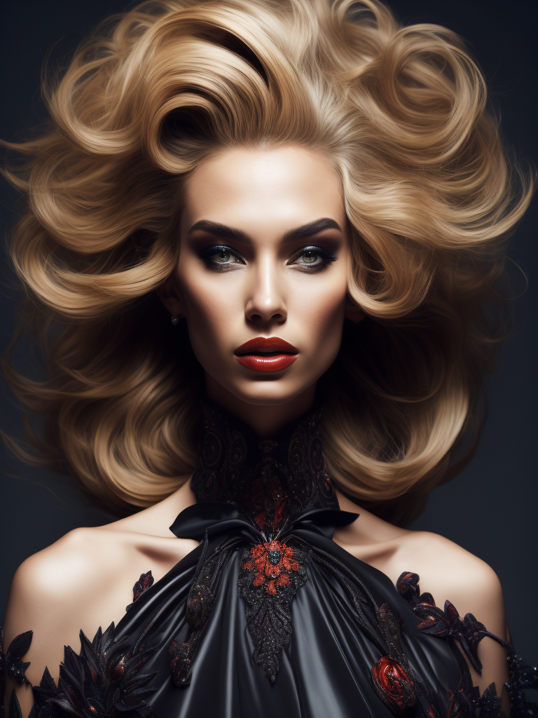 Super-realist portrait of a supermodel, wild intricate hair design, Dior style make-up, fashion editorial style, Award winning photo, dramatic lighting, classic clothing, flowing dress, dramatic background,