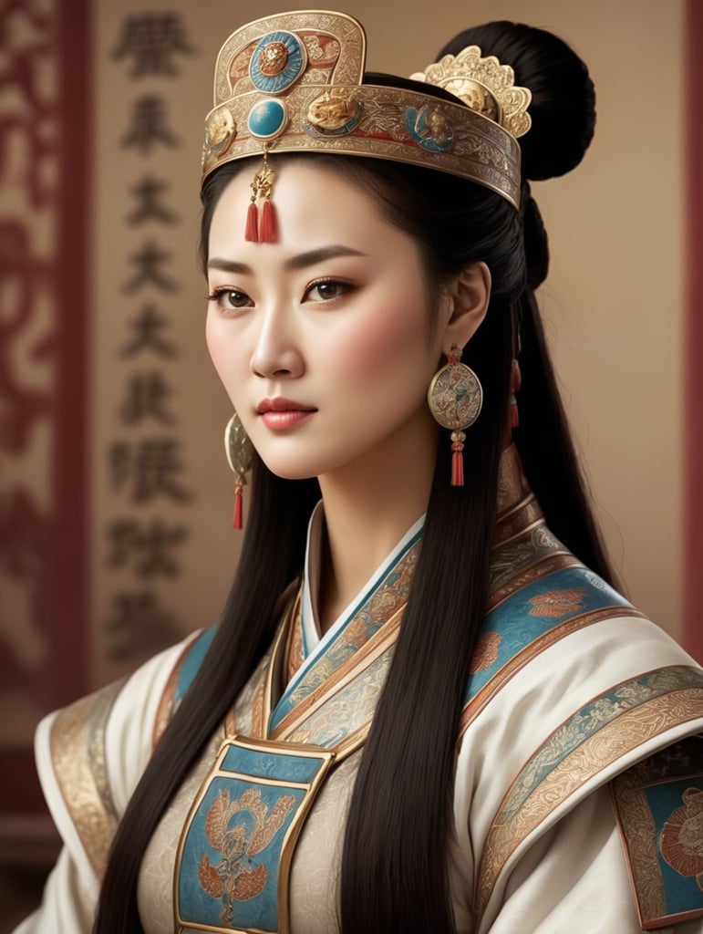 Genghis Khan’s daughter, managing the affairs of her husbands kingdom portrayed as a powerful and influential figure,(realistic pictures of a very beautiful Chinese woman)