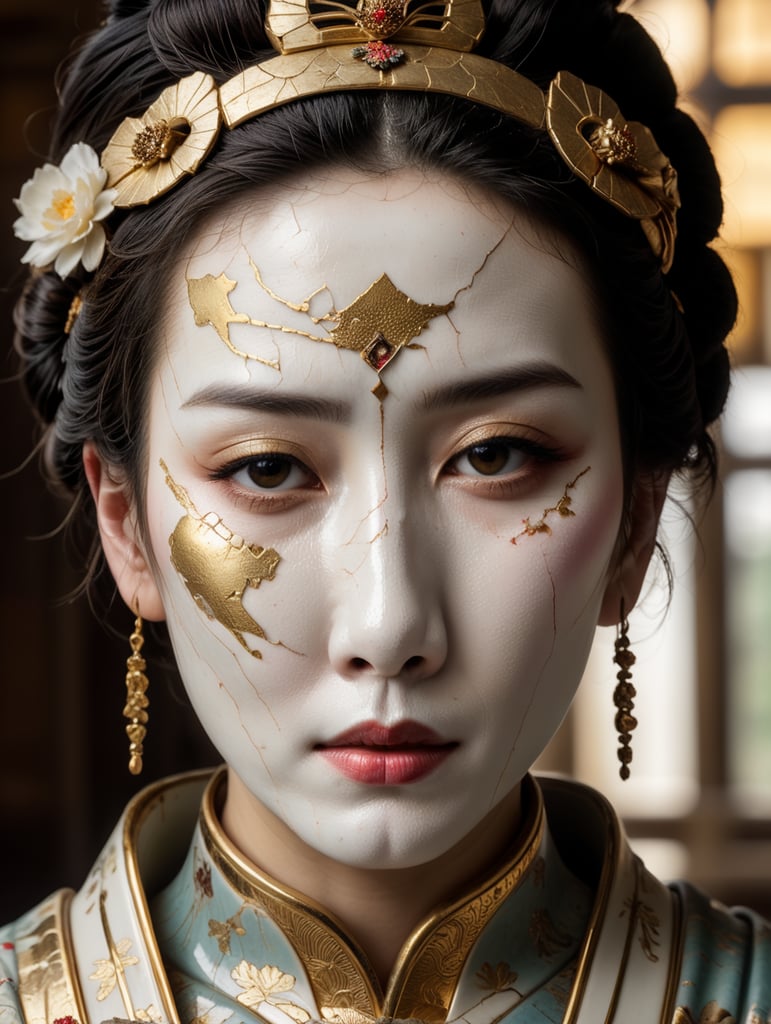 broken porcelain geisha statue face with golden kintsugi lines