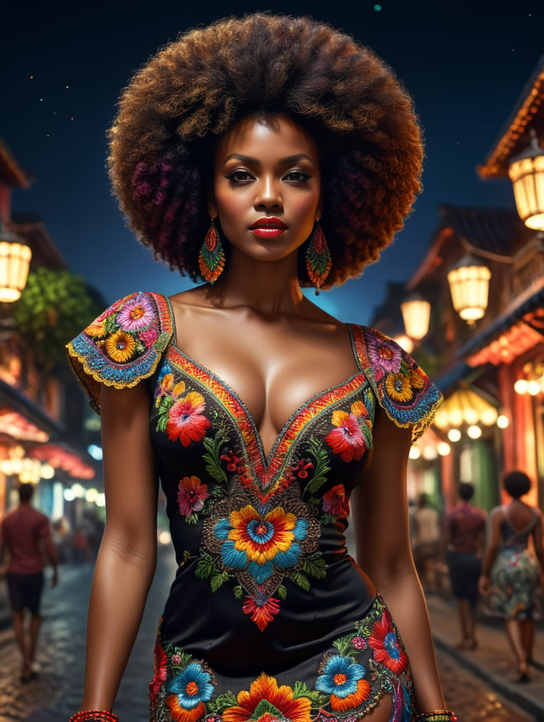 Beautiful hot black woman with afro hairstyle, wearing a colorful, vibrant, detailed embroidered dress, medium-full shot, at night