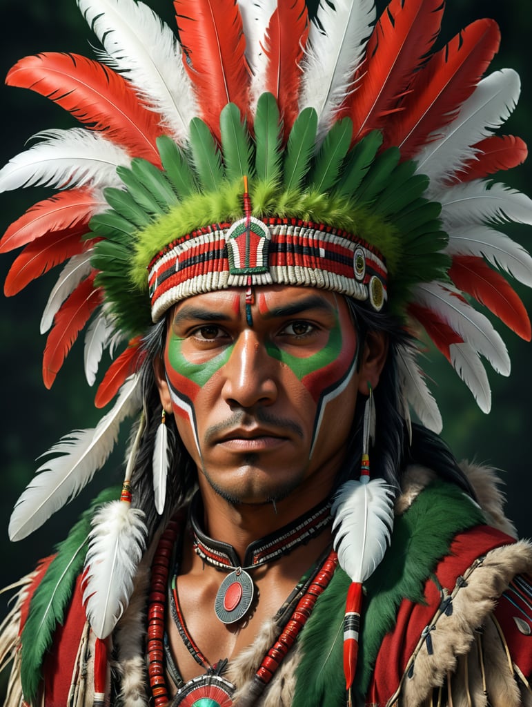 I need an image for a indigenous male from Canada wearing tradition indigenous clothing. Indigenous head feather colors are red, green, white, black use first generated image for the face of the man