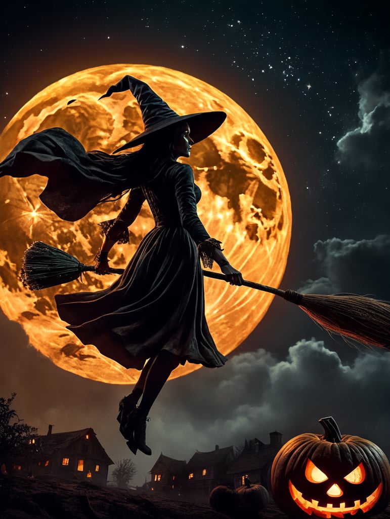 cene of pumpkins for Halloween, dramatic lighting at night, around the pumpkin, but in the night sky the silhouette of a witch flying on a broomstick, a bloody moon with the correct structure and stars. Depth of field.