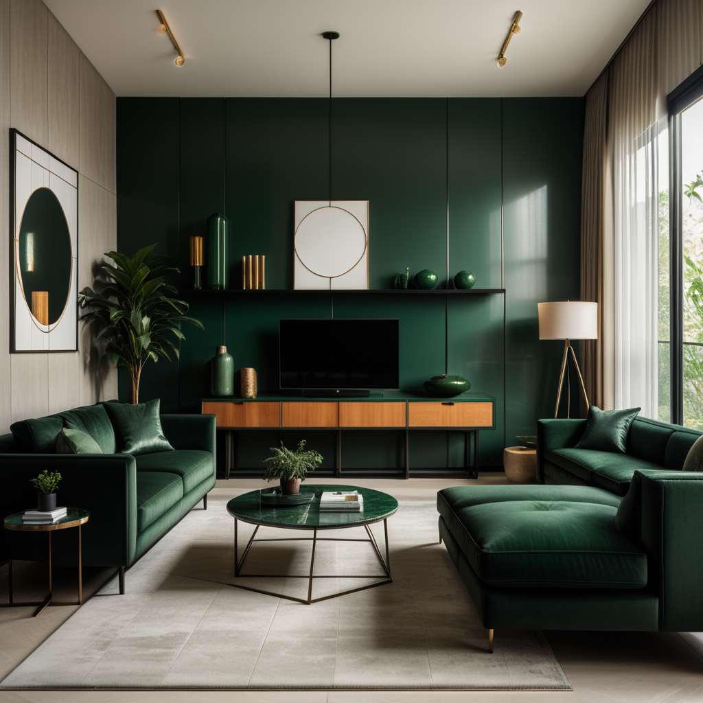 Interior design of a living room, bauhaus style, dark green.