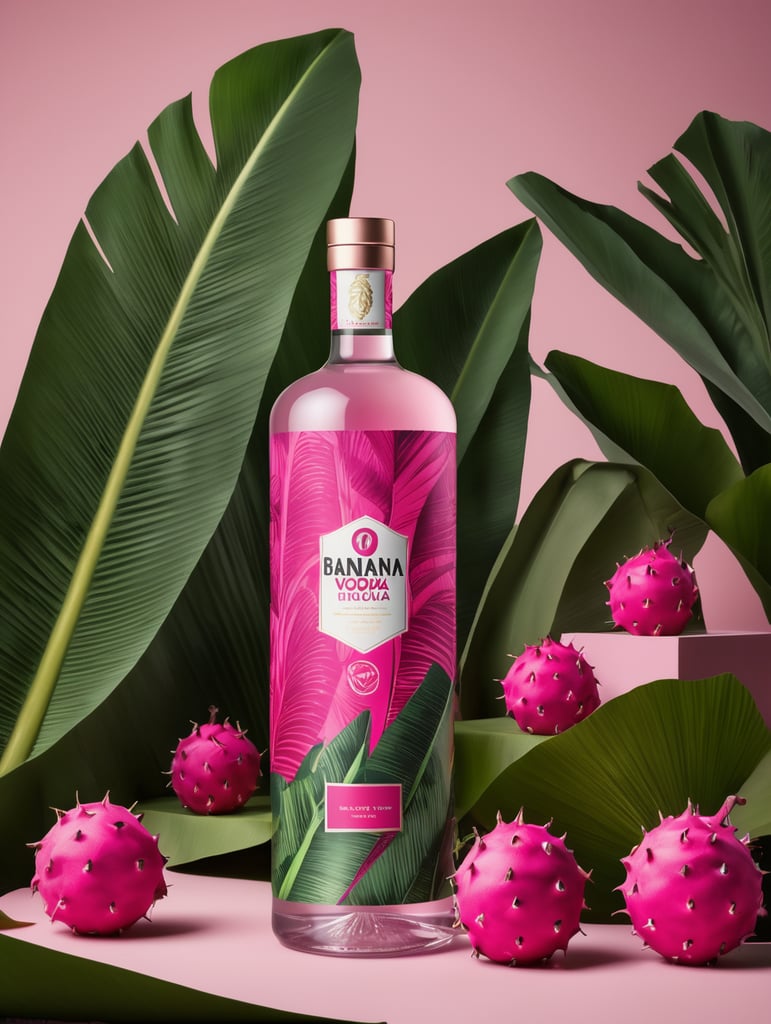 Packaging and branding for a banana vodka brand as if it had been designed by HI ESTUDIO with In a set design with banana, dragon fruit and dry banana leaves.