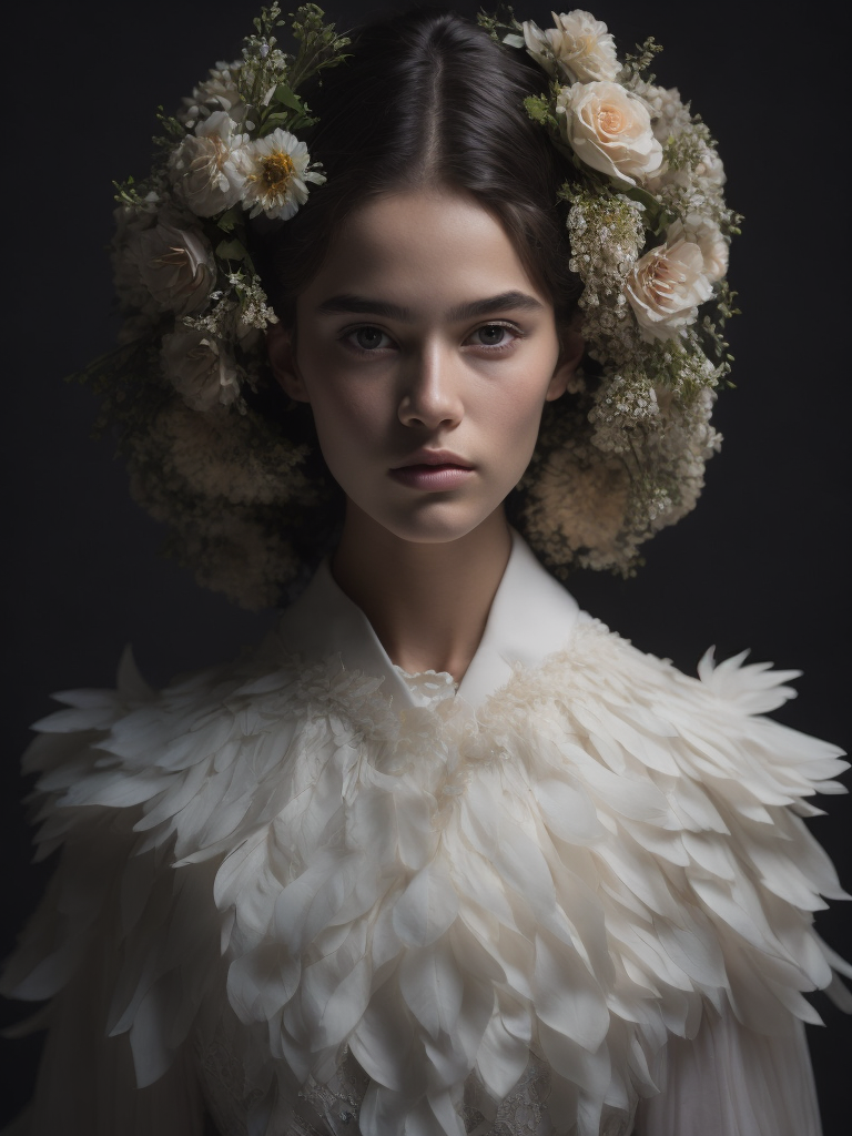 A black background half body portrait of an angel in a dress made of flowers by zdzisław beksiński and steve mccurry and yoshitaka amano, in style of digital illustration art, rembrandt lighting, hyper detailed, sharp focus