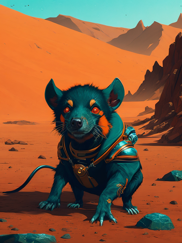 A tasmanian devil in astronaut costume on the ground of the planet mars