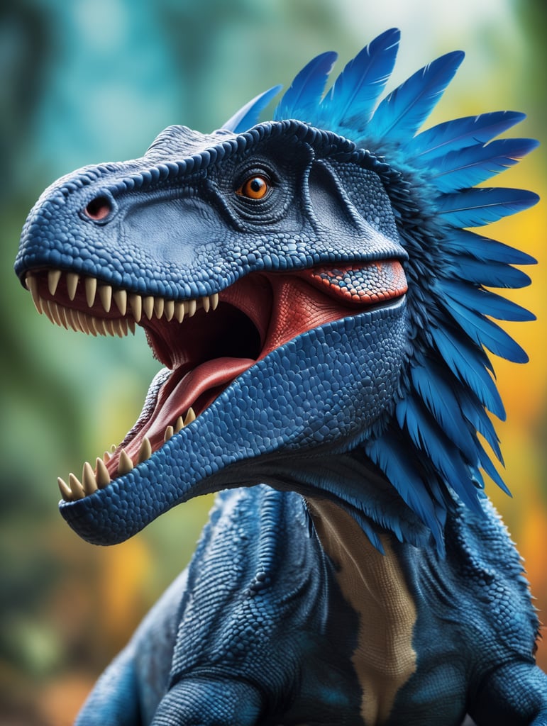 Blue feathered Tyrannosaurus rex, Vibrant colors, Depth of field, Incredibly high detail, Blurred background