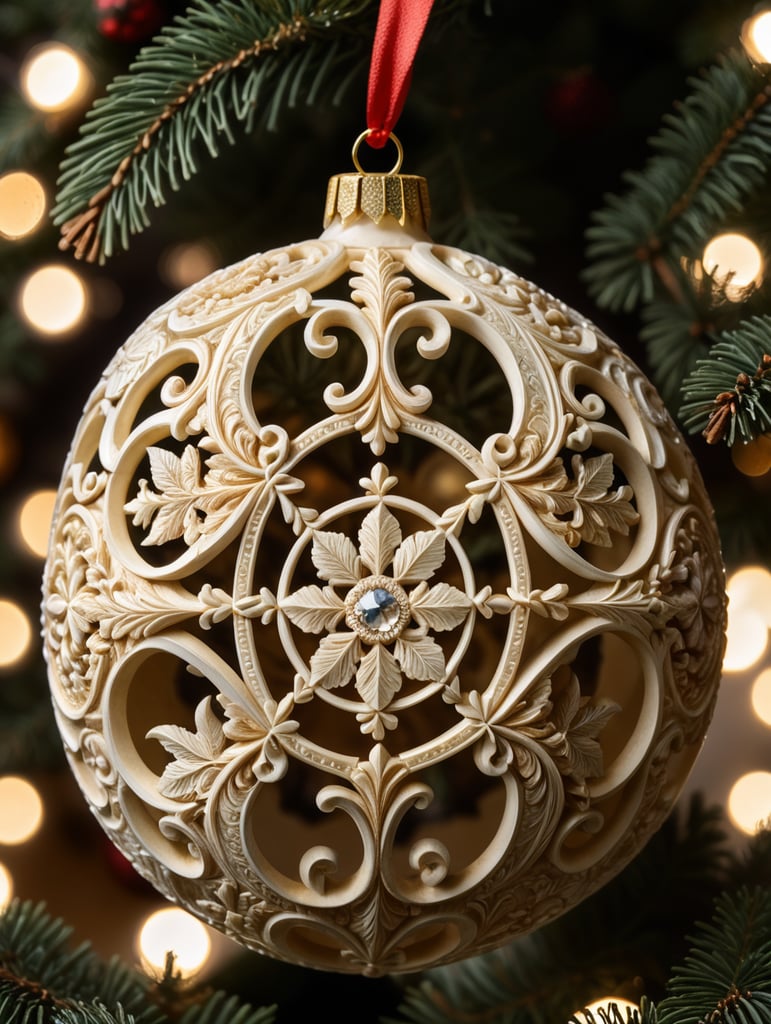 beautifully baroque hand carved ivory spherical Christmas ornament, isolate ornament, depicting a scene with angles, exquisitely master handcrafted artisanal work, very realistic and graceful design