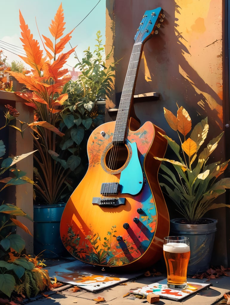 Backyard garden, guitar made of plants, colorful autumn theme, beer, pizza