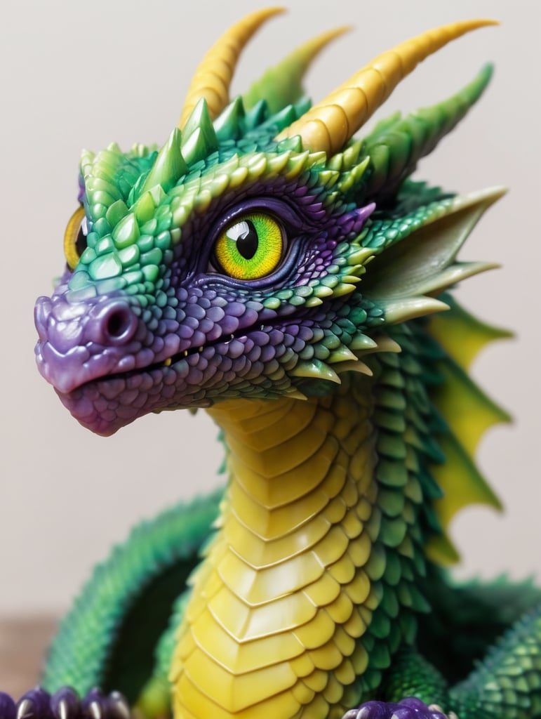 realistic, very small dragon that is green purple scales one yellow eye