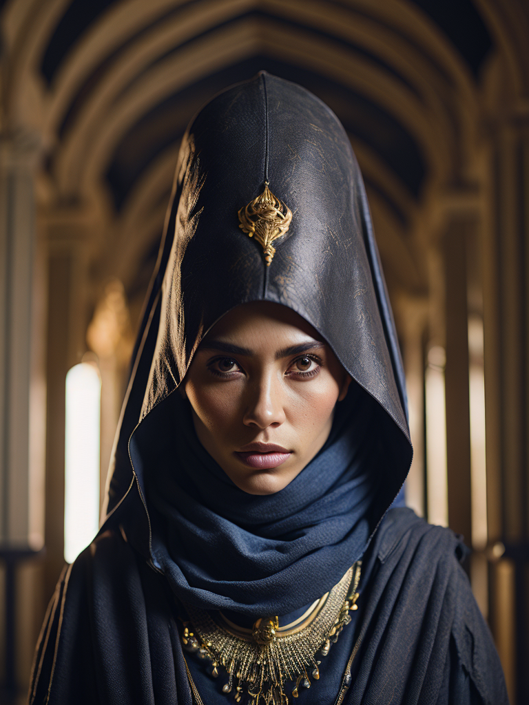 hyper-realistic, ultra-detailed photograph of indonesia white woman with arabic niqab black cloak of crow's feathers. Dark Renaissance ottoman mosque background, photo realistic, golden jewelry, dark, sunlight fractal details, depth of field, HOF, hall of fame, detailed gorgeous face, apocalyptic environment, natural body posture, professional photographer, captured with professional DSLR camera, trending on Artstation, 64k, ultra-detailed, ultra-accurate detailed, bokeh lighting, surrealism