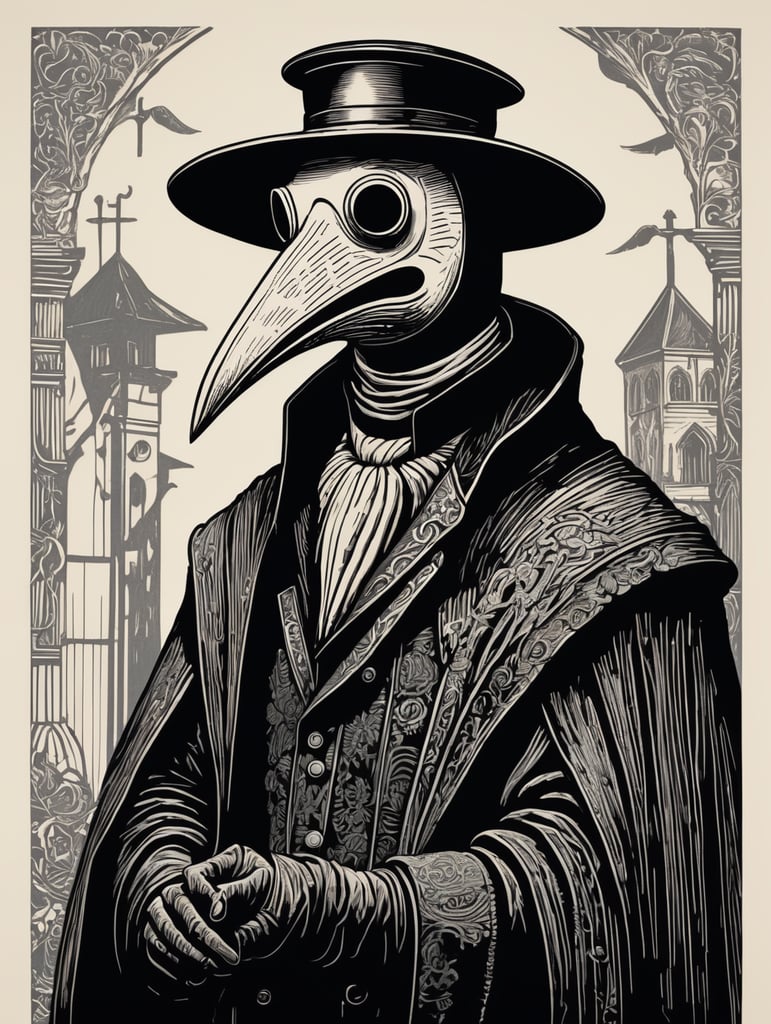 Woodcut, Plague doctor, black and white, bold lines