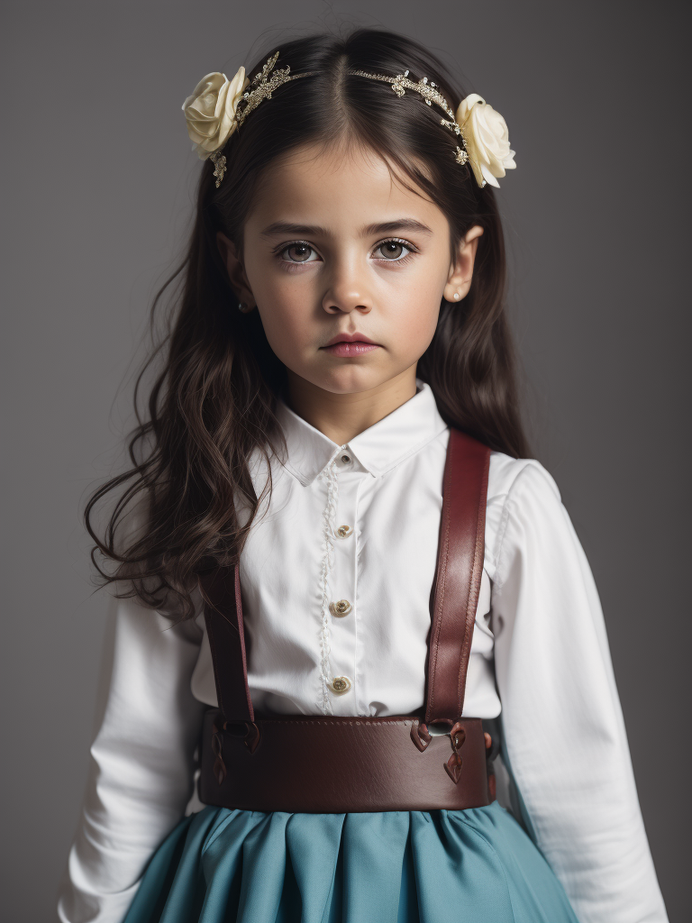 (((pretty, sad 5 year old girl))) from Bulgaria dressed in a (((typical Bulgarian wedding dress with white colored shirt and skirt with dark red suspenders))), (photorealistic: 1.4, realistic), 8k unified CG backgrounds very detailed, 1 child, looking at the viewer, (HQ skin:1.4), 8k uhd, dslr, soft lighting, high quality, film grain, Fujifilm XT3, ((plain and neutral background)). sky blue