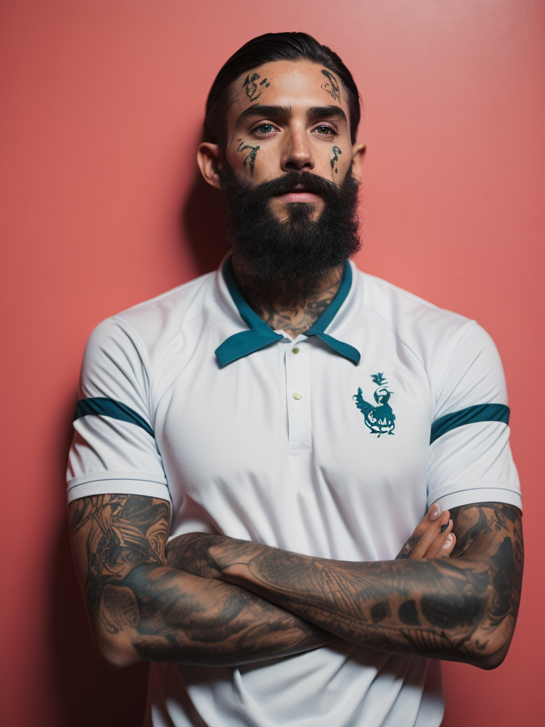 a tattooed soccer player with long black beard stands in a front of the pink wall