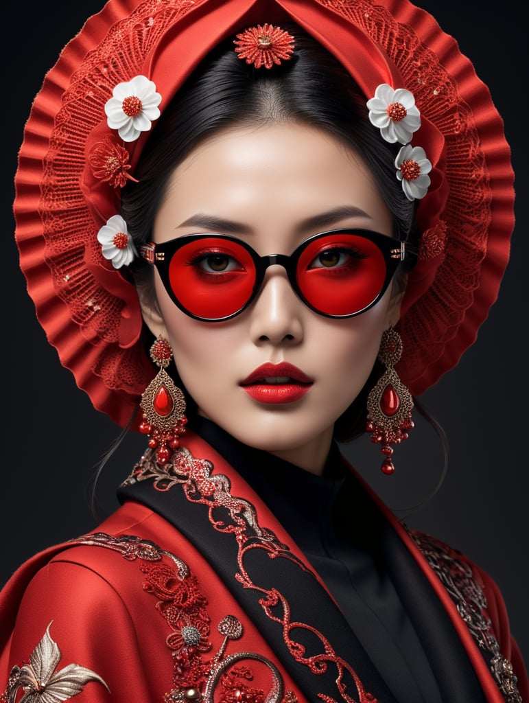 A japan tendency luxury top model dressed with Autumn woolen and Cotton threads clothes in shape of red Waves spectrum. "Smoke black reflecting futuristic glasses", dark diamond jewelry, hijab graved with colorful japan inspiration in the shape of frilly and mushroomy large waves threads inspired long coat flowing, black clean studio background, hyper detailed, epic Ai Yazawa, maximalist, contrast, Alberto Seveso fashion art style, hyper realistic, studio light, soft light, volumetric lighting, subsurface scattering, 4k, 8k, HD,-- s 1000 --style raw, fashion magazine cover