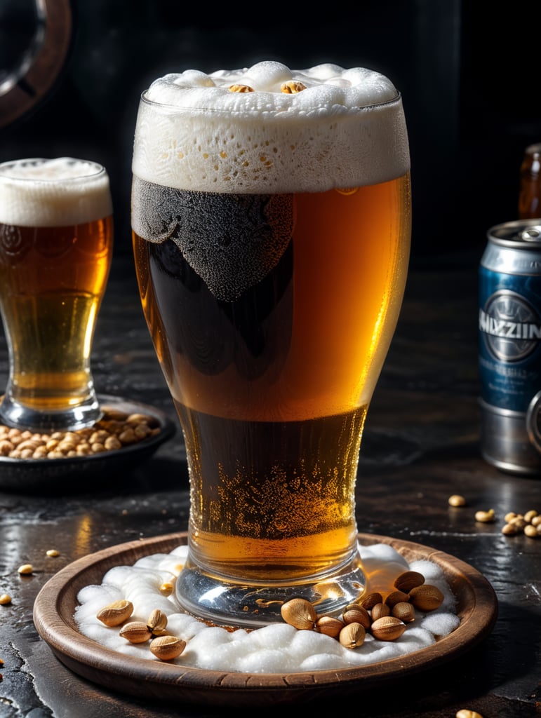 small round stainless steel plate filled with dry peanuts, one gorgeous pint of beer, beer swirl inside glass, one inch of white foam on top, transparent beer, frozen glass, advertisement, highly detailed