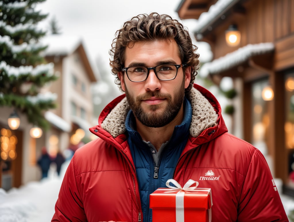 portrait of a bearded curly man wearing red puffer jacket, reeding glasses, stands front camera with gift box his hand, snowy weather, Christmas time, blurry background