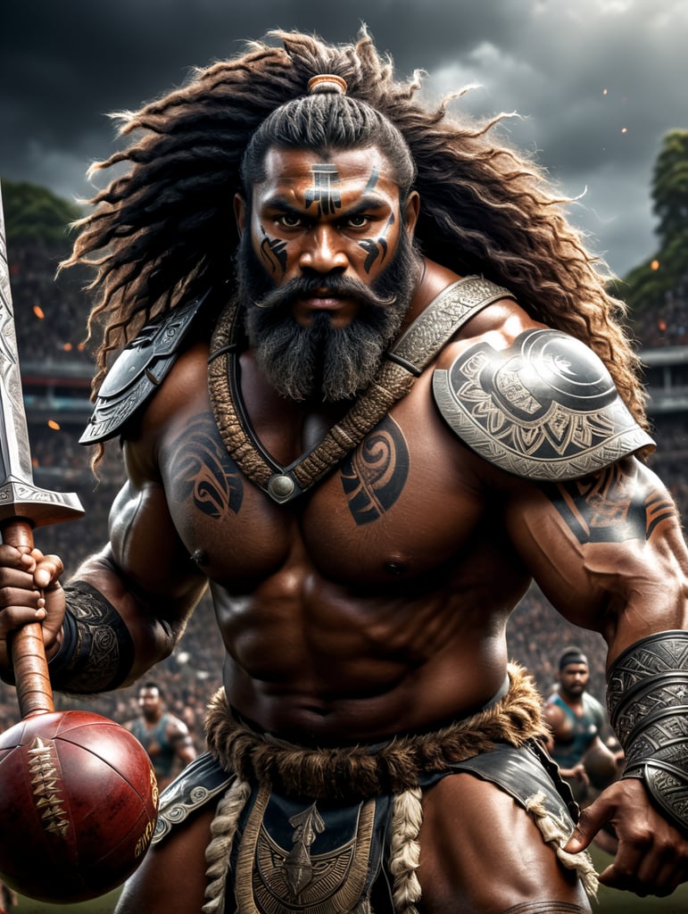 A fearless Fiji traditional warrior with long Fijian hair holding a war club with one hand, and a rugby ball on the other hand