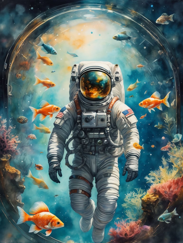 Astronaut with fish tank is moving inside the galactic space suspended in the air with very fine and intertwined lines and acid watercolor and oil colors with strong contrast with different details and colors.