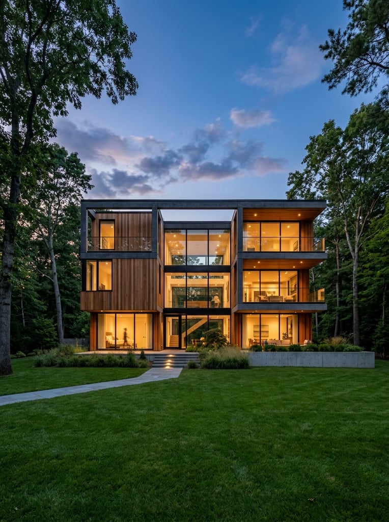 modern multi-level house exterior at dusk, vertical wood cladding, exposed concrete framework, large floor-to-ceiling windows revealing warmly lit interiors, cantilevered balconies, expansive manicured green lawn, framed by tall mature trees, twilight architectural photography, straight-on wide perspective