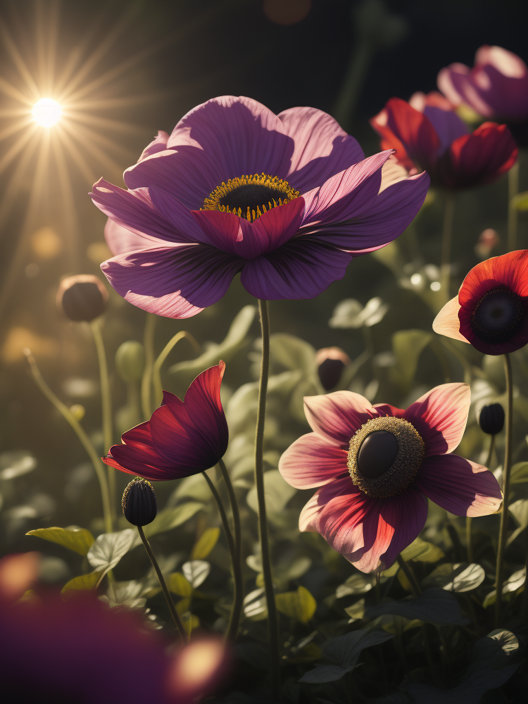 цветы анемоны, светит солнце в саду