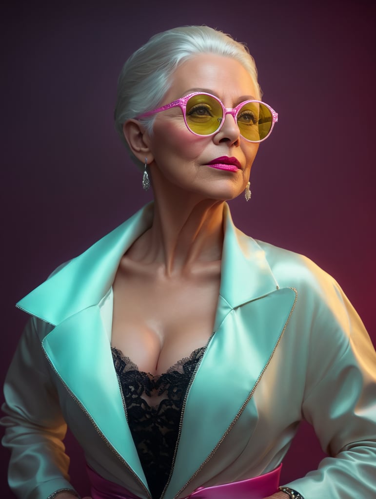 A portrait of a beautiful older woman with white platinum hair and big pink glasses, glamorous Hollywood portraits, highly realistic, daz3d, women designers, high resolution, very fashionable and stylish, colorful like a Wes Anderson movie portrait