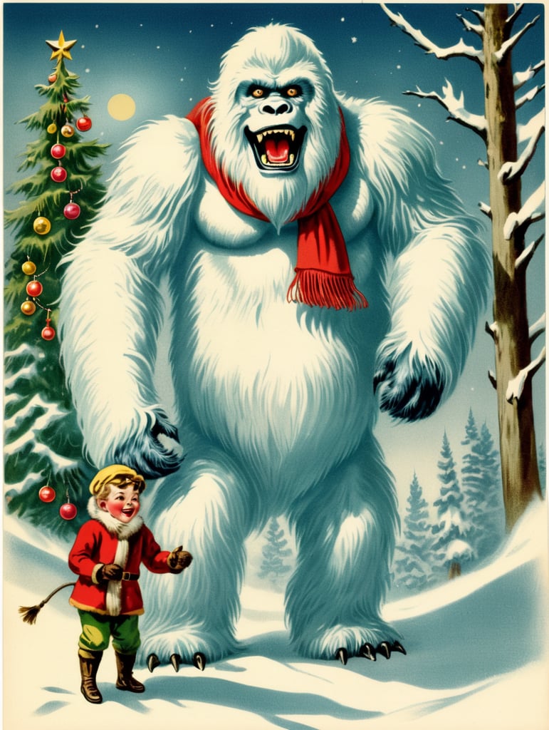 Yeti, Abominable Snowman, vintage Christmas postcard illustration