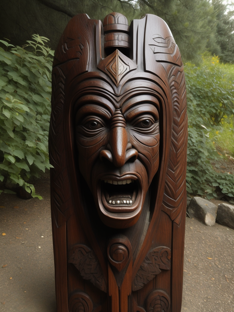 a North American totem carved from the dark wood, detailed, deep carving, handcrafted