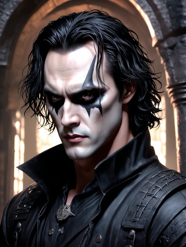 Midshot. Very detailed illustration in anime style of Brandon Lee as (Eric Draven), (The Crow movie), extremely detailed face, (very detailed hair), creepy dungeon environment, JRPG, art by MSchiffer, pixiv, konachan, high contrast, flat colors, cel shaded