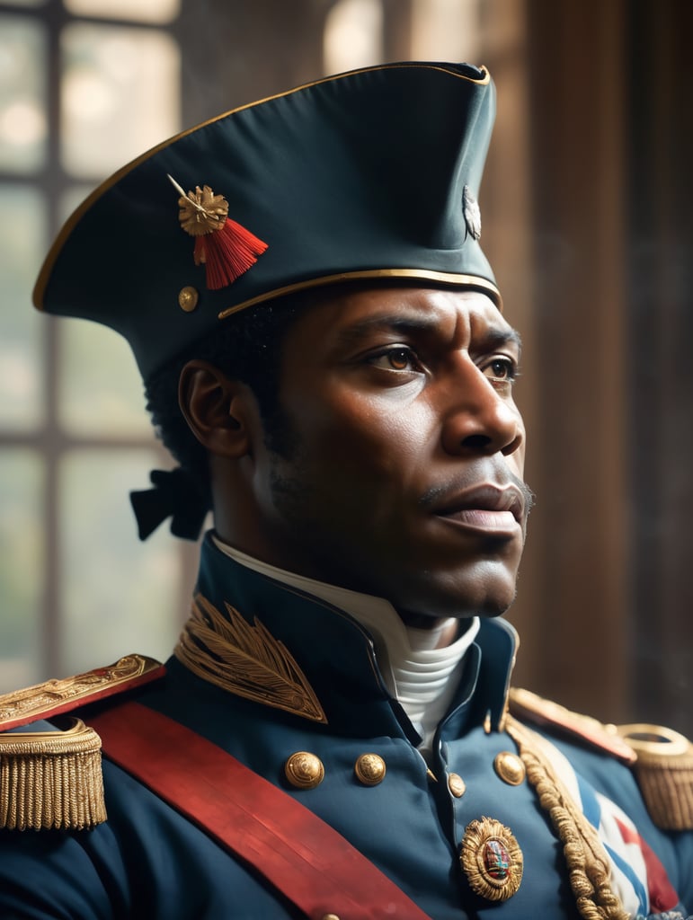 Toussaint louverture, haitian revolution general leader 1780's, facing camera, carne griffiths, wadim kashin, pascal blanche, rutkowski, repin. smoke, window, light rays, perfect anatomy, perfect face, perfect fingers, perfect composition, beautiful, detailed, intricate, octane render, 8k, soft natural light, chiaroscuro, masterpiece, award-winning, professional, anatomically correct, breathtaking, sharp focus, emitting diodes, smoke, sparks, artstation, detailed character design