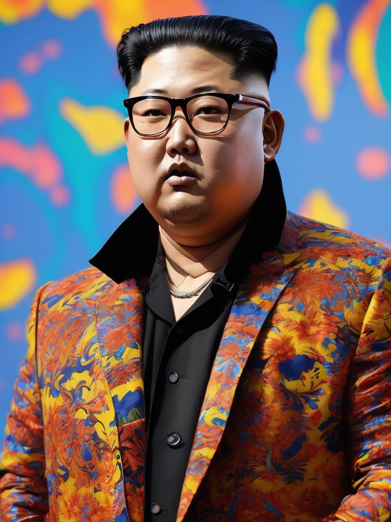 Kim Jong Un wearing a brightly patterned jacket and wayfarer glasses, Vivid saturated colors, Contrast color