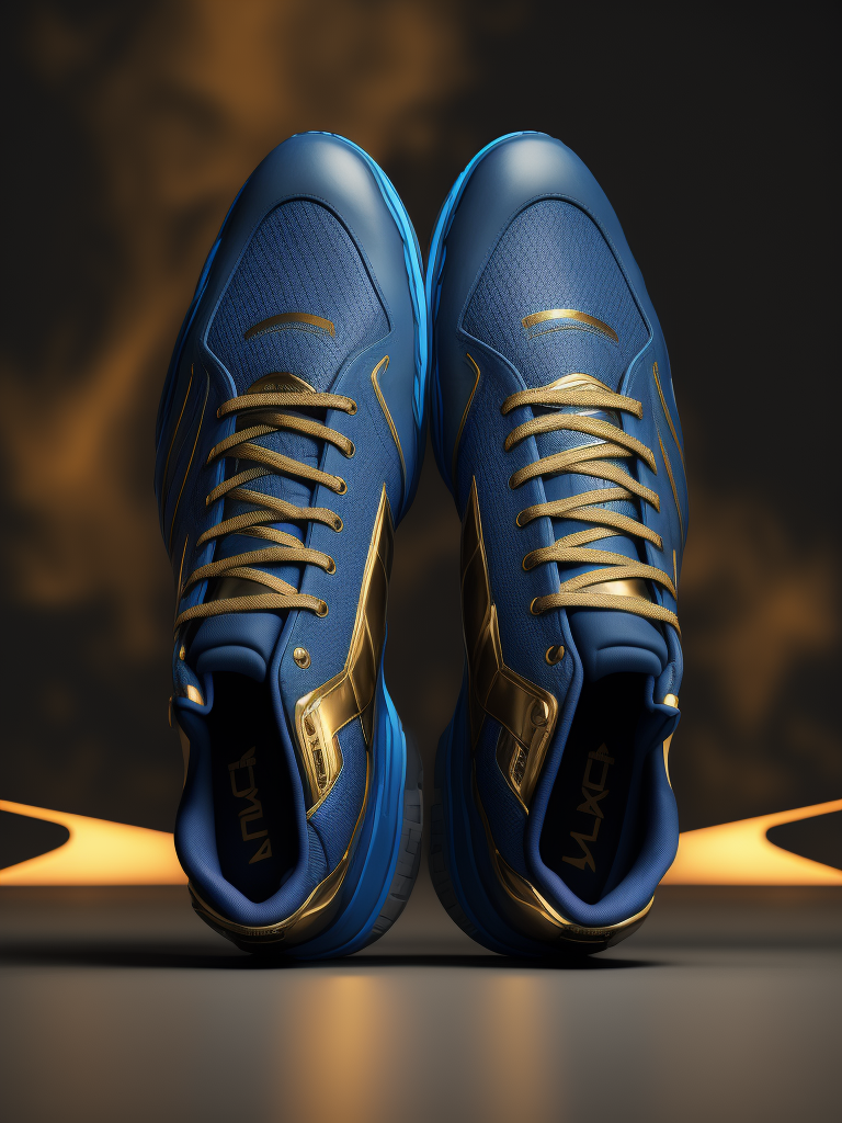 realistic photo of sports sneakers modern fashion blue and gold colors, sci-fi, deep atmosphere, dark, saturation, vibrance, sharp on details