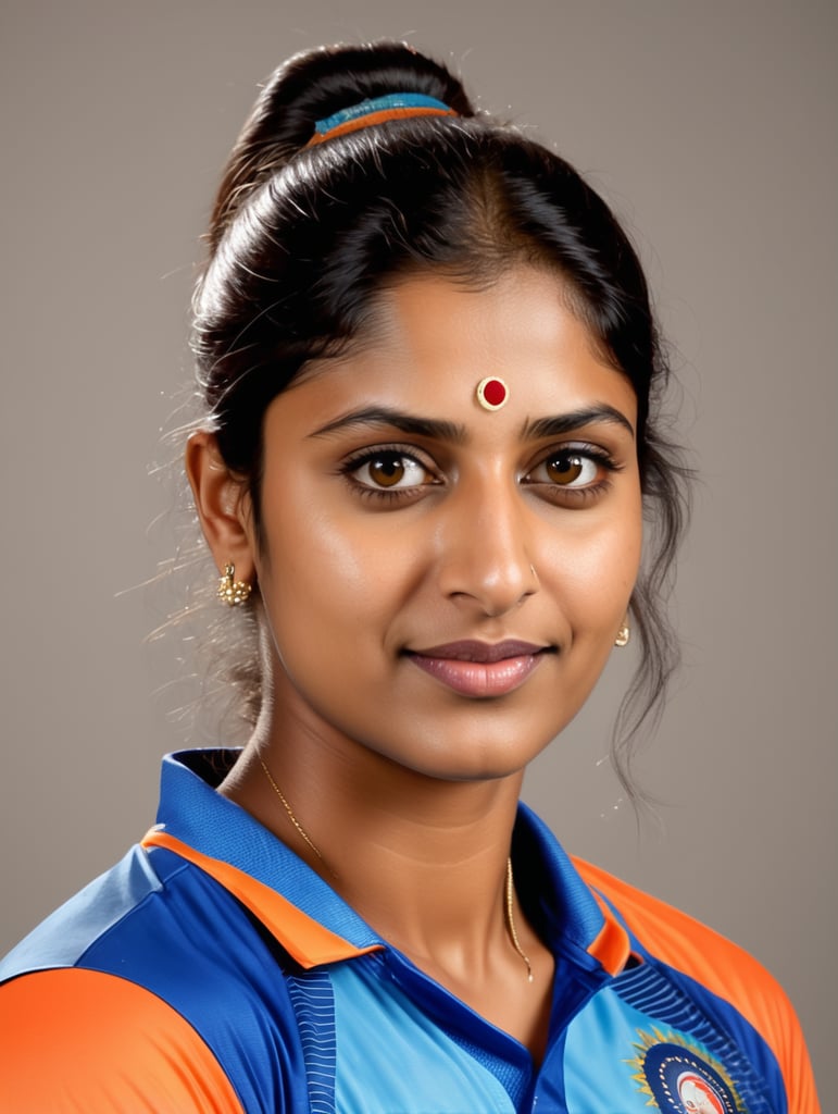 Mitali Raj, Indian cricketer - Abstract form, bold fast patch work colors, full patch colur work technique portrait side face, no make up, natural style of face & hair, no bindi