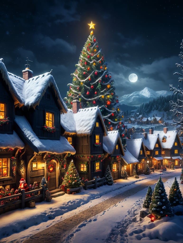 Snowy christmas night village with a focus on santa clause , christmas tree realastic image