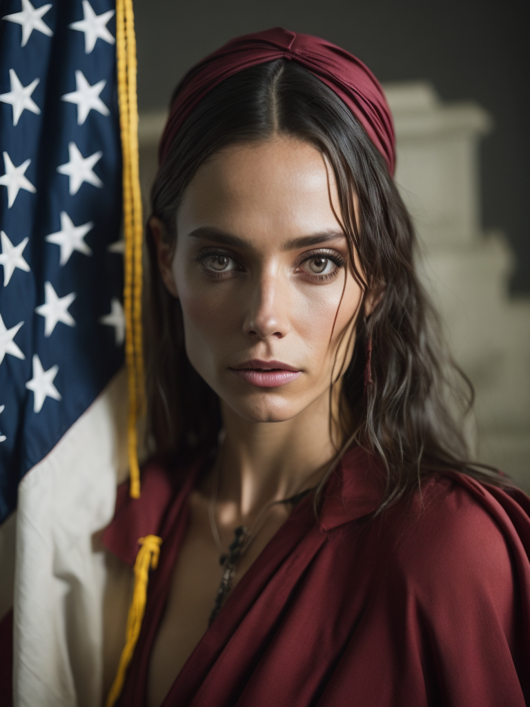 bandera de aspas de borgoña, adelante de la bandera está isabel la católica abrazando y cuidando con una mirada tierna a los indios americanos