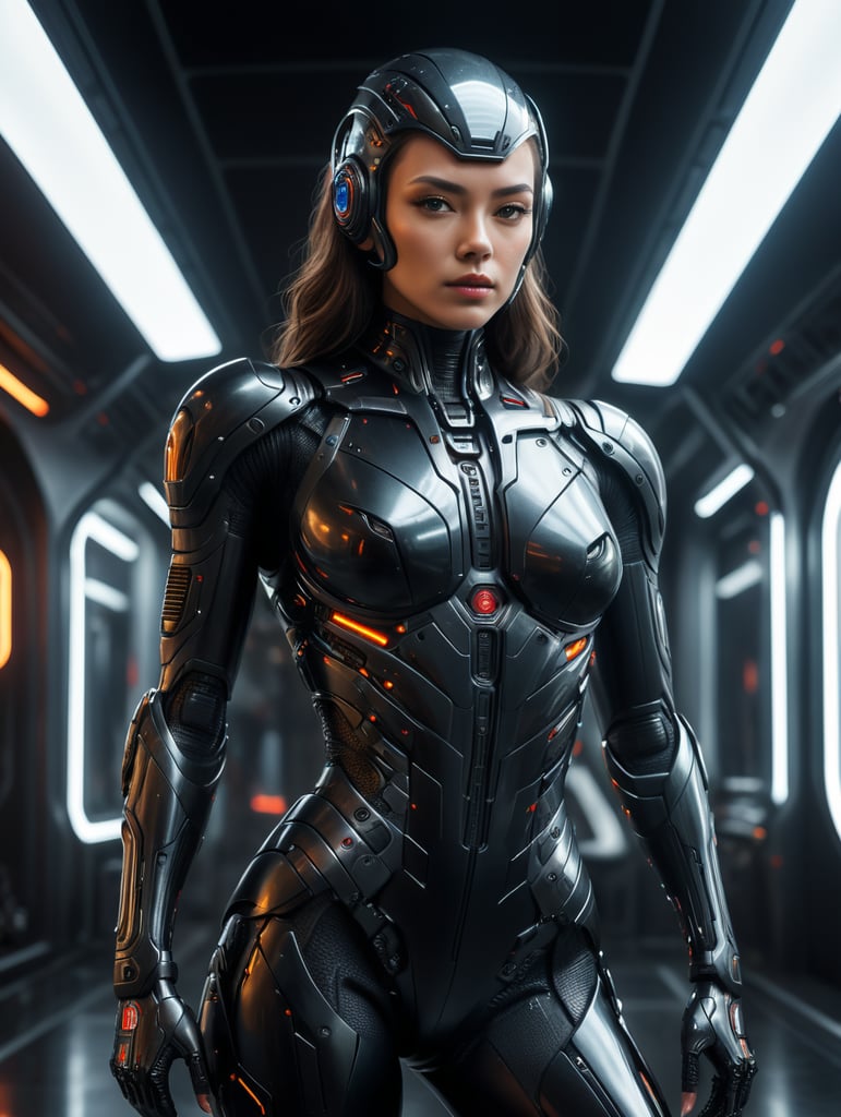An ultrarealistic photograph of a minimalist futuristic full body power suit, without lights, made of black mate metal and polymer, full crystal hull, for a fit woman, imposing, modern minimalism, elegant, dystopia, mysterious, godlike, scary, in a dark room, 8k