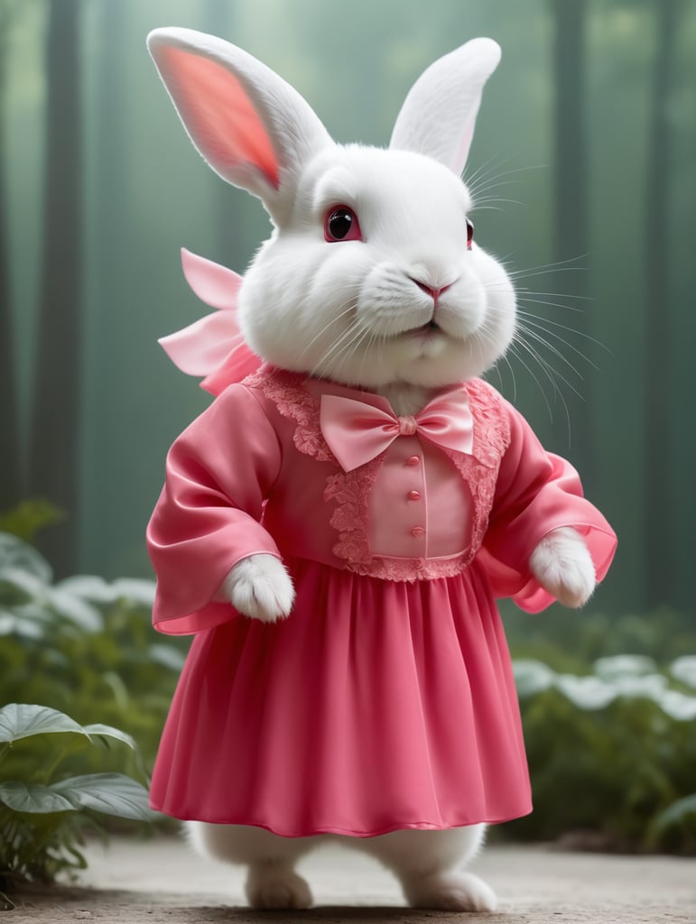 A small female white rabbit wearing a pink ballet danse dress in a beautiful park