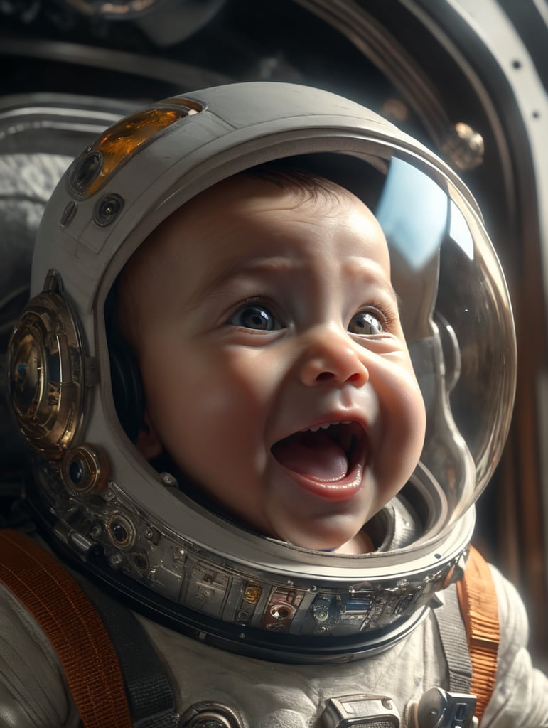 baby astronaut, 4k, lightfilm, sunlight in glass, surprised face, shock smile, realistic, realism
