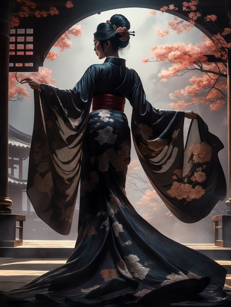 dark silhouette of an ethereal shadow of a [geisha in a kimono with long flowing sleeves billowing in the breeze