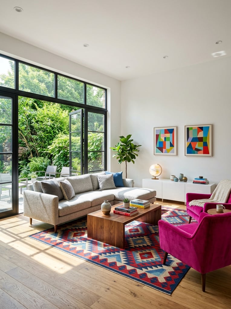 A bright modern living room features a striking magenta accent chair and a geometric rug illuminated by intense natural sunlight. A light grey sectional sofa and a wooden coffee table rest on the vibrant rug decorated with red, blue, and beige diamond motifs over light wood flooring. Expansive black-framed glass doors on the left reveal lush greenery, casting sharp shadows across the floor. White walls display abstract paintings above a sleek white console holding a globe lamp and small ceramics. The architectural photography captures the minimalist aesthetic and dynamic directional daylight.