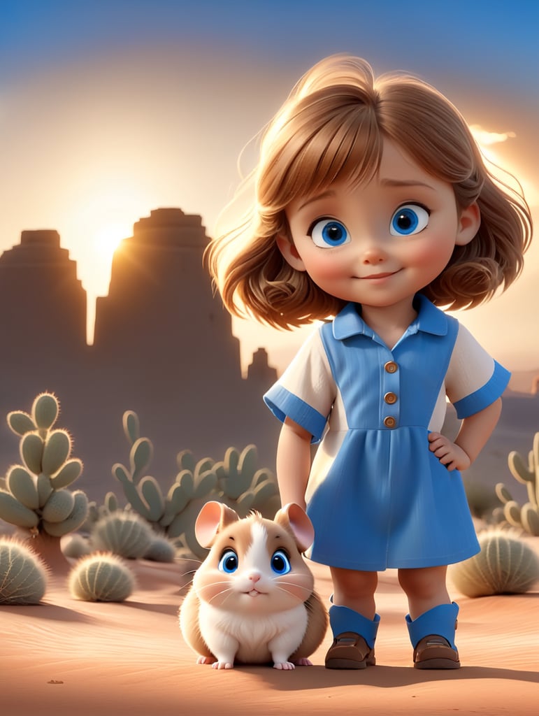 short light brown haired little girl with blue eyes, hugs her tiny brown and white hamster in the Arizona desert with the sun setting in the background