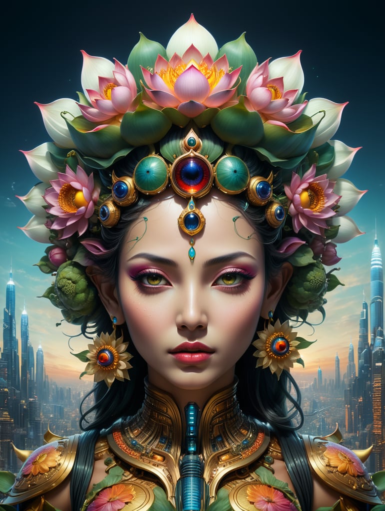 Beautiful 3d render of the flower queen goddess on a lotus, centered, symmetry, with the third eye on her forehead, painted, intricate, volumetric lighting, beautiful, rich deep colours masterpiece, sharp focus, ultra detailed, in the style of dan mumford, mark ryden and marc simonetti, with a clear crowded futuristic cyberpunk dubai city in the background, astrophotgraphy