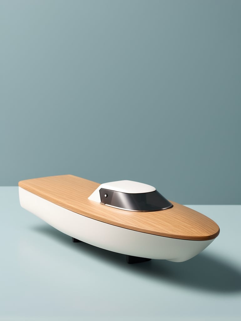 Bath toy speedboat designed by Dieter Rams. Ultra minimalist industrial design. Oak and injection molded plastic. Full object in view. Wide hull. Chibi style