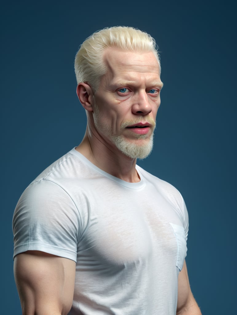 A middle-aged albino man wearing a white T-shirt, isolated, blue background, mockup, mock up