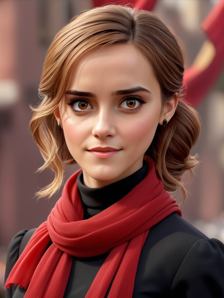 Portrait of Emma Watson wearing black blouse with red scarf, ultra realistic