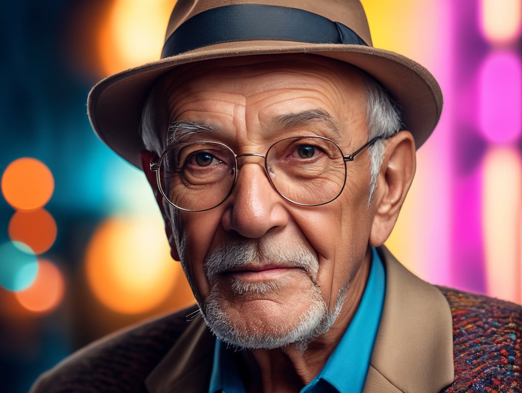 old funny man from future, ultra realism, super detailed, neon colors, magazine cover, professional shot, magazine photography, bright saturated colors, sharp focus, highly detailed, room for copy, simple background