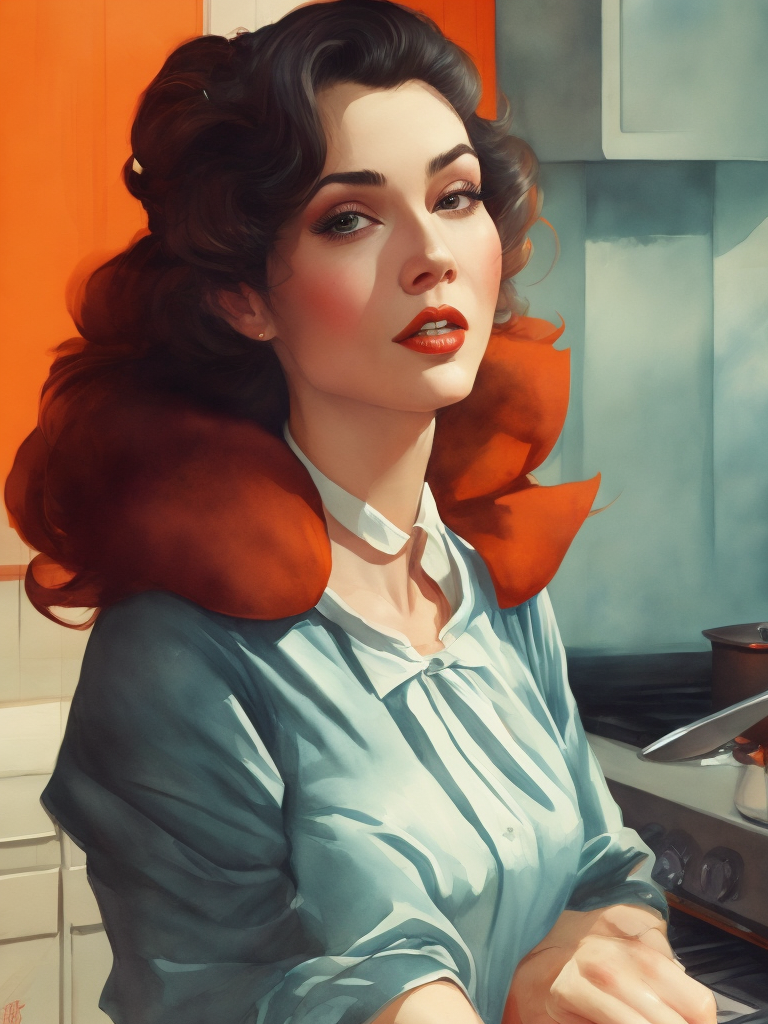 A young beautiful 1950s housewife cooking in kitchen anatomically correct. perfect fingers on hand, extremely detail in kitchen. perfect composition and lighting. sharp focus. high - contrast surrealistic photorealism.